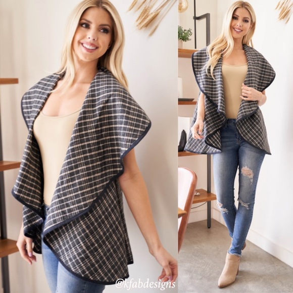 DARK CHARCOAL AND TAN BEAUTIFUL CHECKERED VEST WITH FAUX LEATHER PIPING! - Picture 2 of 9